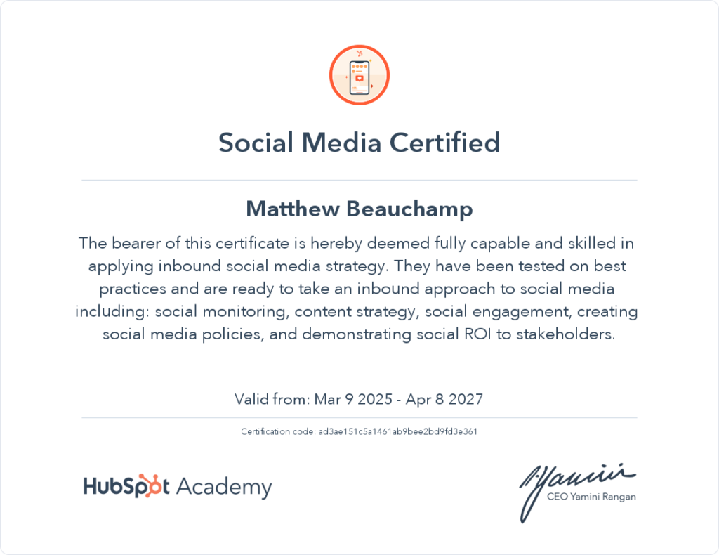 Matt Beauchamp Virtual Assistant Social Media Marketing Certificate